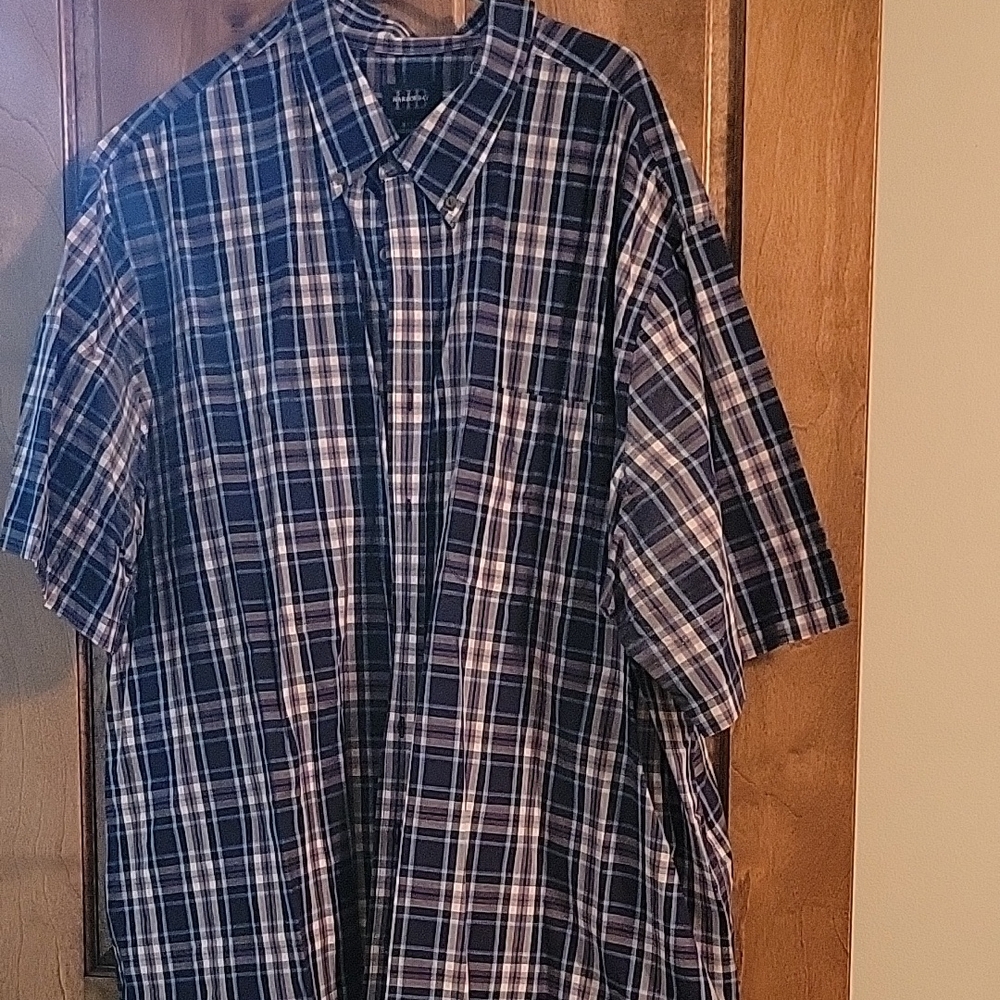 Harbor Bay 3XLT navy plaid collared short sleeve button down shirt